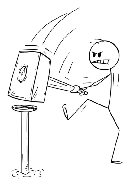 Vektor-Cartoon-Illustration eines Mannes oder Arbeiters oder Zimmermanns mit einem großen Hammer, der den Nagel trifft — Stockvektor