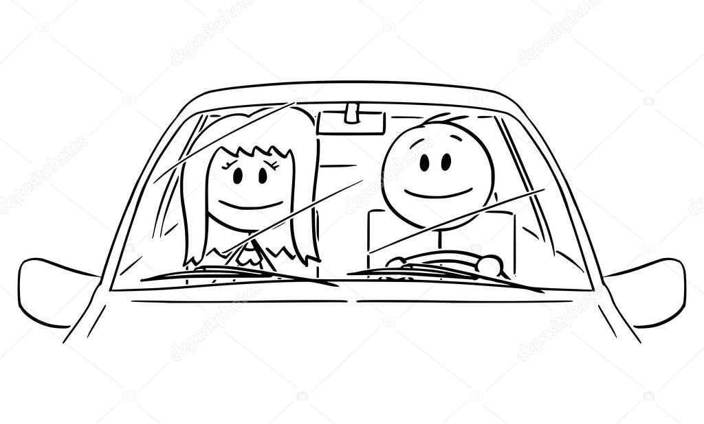 Vector Cartoon Illustration of Happy Smiling Couple of Woman and Man or Driver Driving a Car and Enjoying the Trip