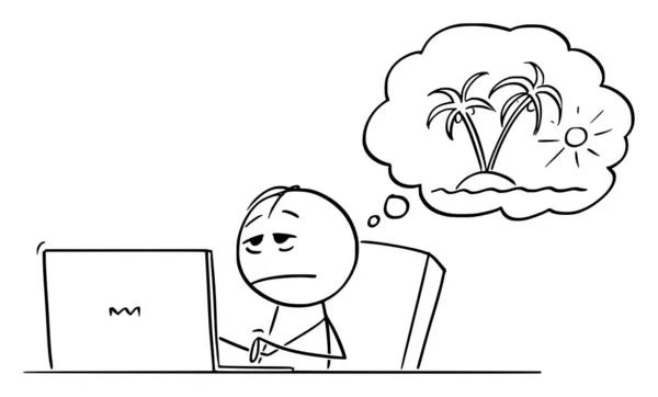 Vektor tecknad Illustration av trötta, överarbetade eller stressade Man eller affärsman som arbetar med dator och drömmer om semester — Stock vektor