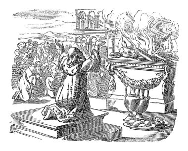 Vintage Drawing of King Solomon Sacrificing to God after Finished the Temple. Man Praying in Front of Altar.Bible, 2 Chronicles 7 clipart