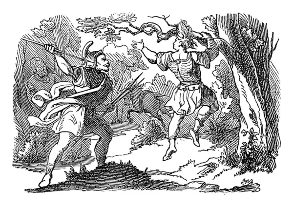 Vintage Drawing of Man Hanging on Tree And Warrior атакує його Джавелін. Біблійна історія про Йоава Кіллінга Авесалома. Біблія, 2 Самуїла 18 — стоковий вектор