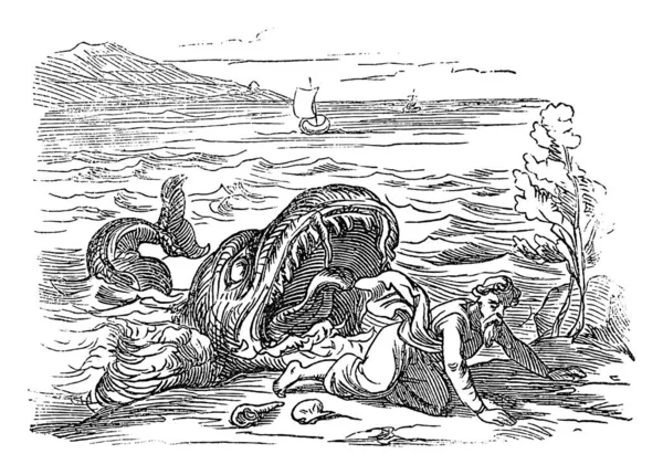 Vintage Drawing of Biblical Prophet Jonah Vomited by Big Fish (en inglés). Viejo y Gran Monstruo del Agua. Biblia, Antiguo Testamento, Jonás 2 — Vector de stock