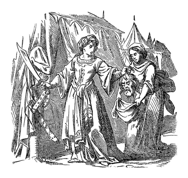 Vintage Drawing of Biblical Judith Putting Head of Assyrian Army General Holofernes in Bag. Biblia, Antiguo Testamento, Judith 13 — Vector de stock