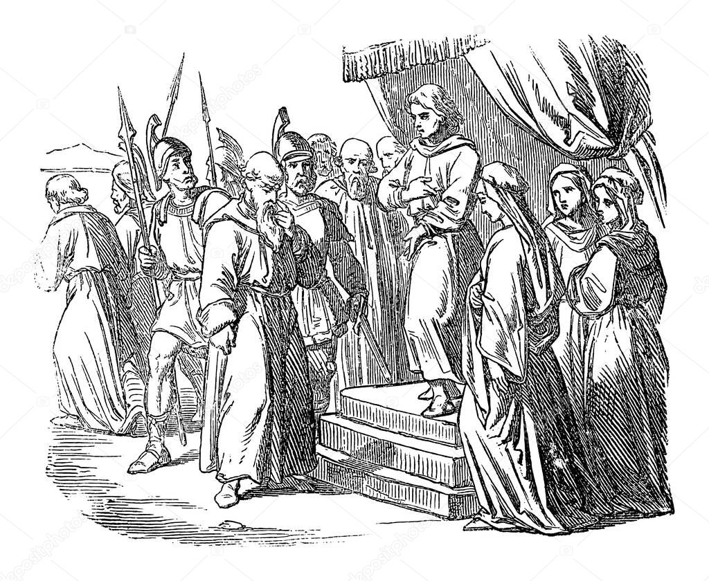 Vintage Drawing of Biblical Prophet Daniel Interrogating Man Accusing Susanna of Promiscuity.Bible, Old Testament, Daniel 13