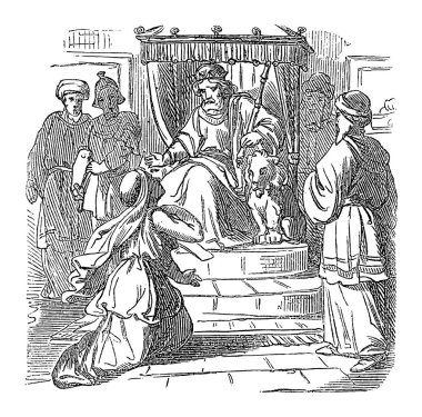 Pers Kralı Ahasuerus 'un ya da Xerxes' in önündeki Esther 'in İncilsel Hikayesi' nin Klasik Çizimi. İncil, Eski Ahit, Esther 'in Kitabı