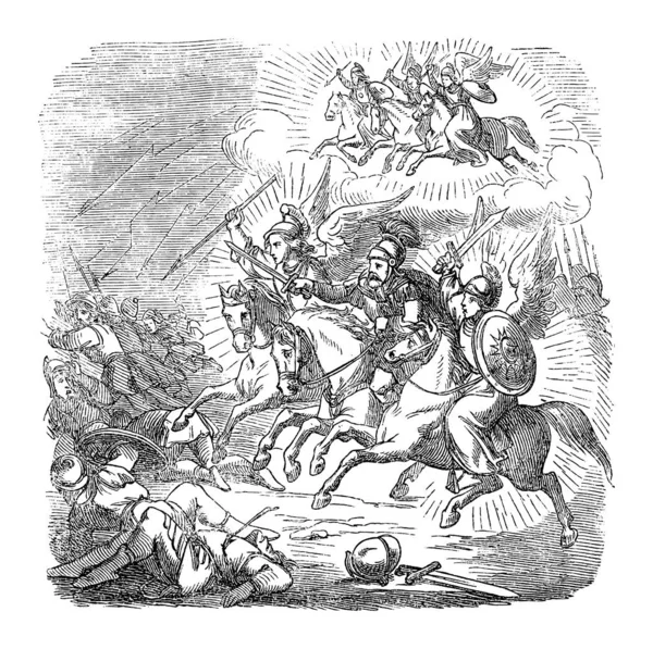 Vintage Drawing of Biblical Story of Warrior Júdás Maccabeus Legyőzte a Szíriai Királyság hadseregét. Biblia, Ószövetség, 1 makkabeusok 3. — Stock Vector