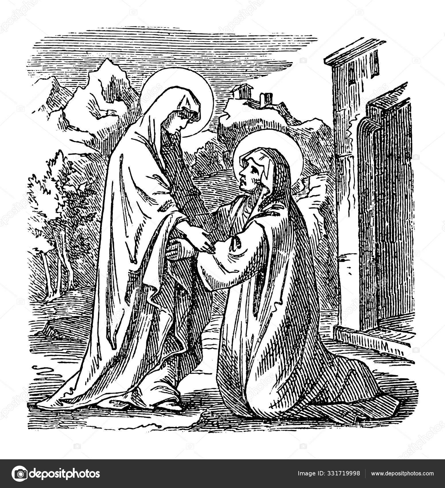 Vintage Drawing Of Biblical Story Of Virgin Mary Mother Of Jesus Visiting Saint Elizabeth Bible New Testament Luke 1 Stock Vector Image By C Ursus Zdeneksasek Com
