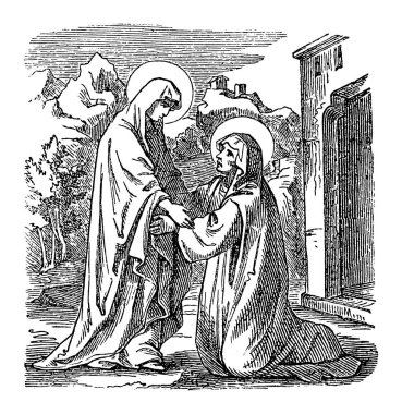 İncil 'deki Bakire Meryem' in Klasik Çizimi, İsa 'nın Annesi, Aziz Elizabeth' i ziyaret eden. İncil, Yeni Ahit, Luke 1