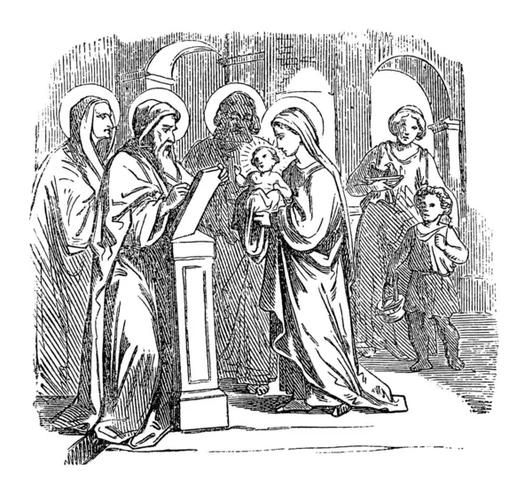 Vintage Tekening van het Bijbelse verhaal van het kindje Jezus in de tempel met Moeder Maria en Vader H. Jozef, Simeon en Anna. — Stockvector