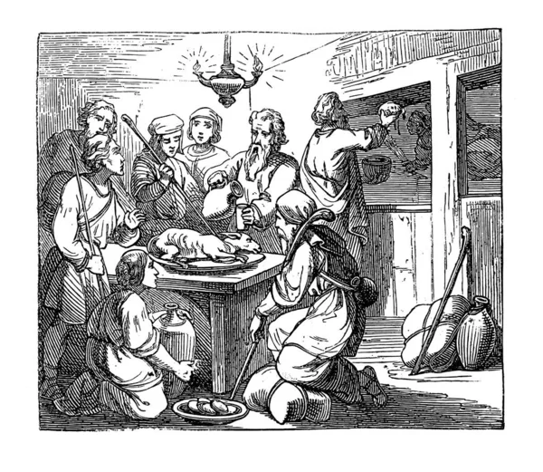 Vintage rajz a bibliai történet a páska-ünnep, keleti bárány evett, mielőtt Izrael elhagyta az Egyiptomot. Biblia, Ószövetség, Exodus 12 — Stock Vector
