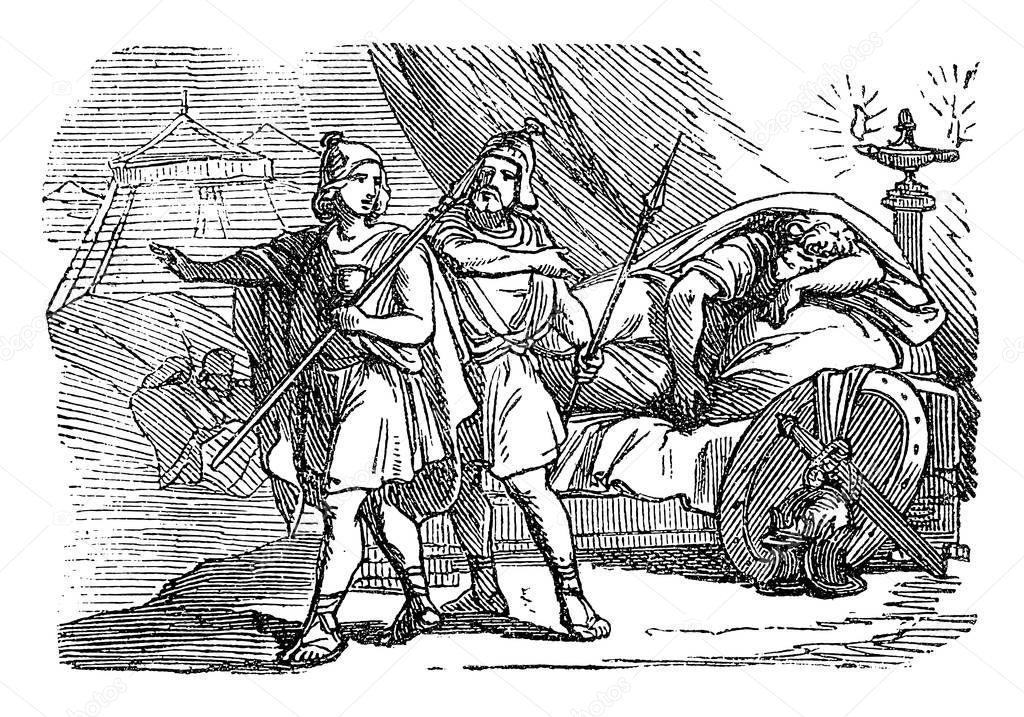 Vintage Drawing of Biblical Story of David and Abishai Spares Life of Sleeping King Saul.Bible, Old Testament, 1 Samuel 26