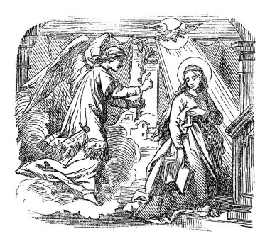 İncil 'de geçen İncil' deki Melek Gabriel 'in Meryem Ana' ya Meryem Ana 'nın Meryem Ana' nın Meryem Ana 'nın Meryem Ana' nın Meryem Ana 'ya gebe kalması ve İsa' nın doğumu hakkındaki çizimleri. İncil, Yeni Ahit, Luke 1.