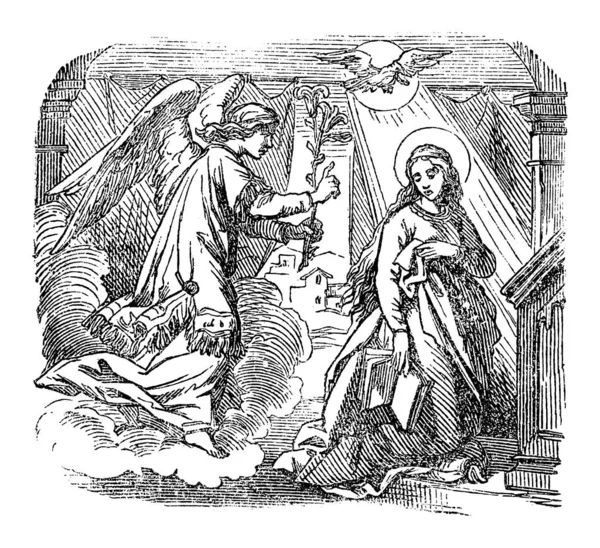 Vintage Tekening van het Bijbelse verhaal van engel Gabriël Sprekend tot Maagd Maria over Onbevlekte Ontvangenis en Geboorte van Jezus. — Stockvector