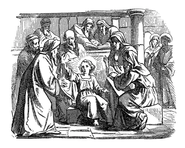 Vintage Tekening van het Bijbelse verhaal van de jongen Jezus in gesprek met leraren in de tempel in Jeruzalem. — Stockvector