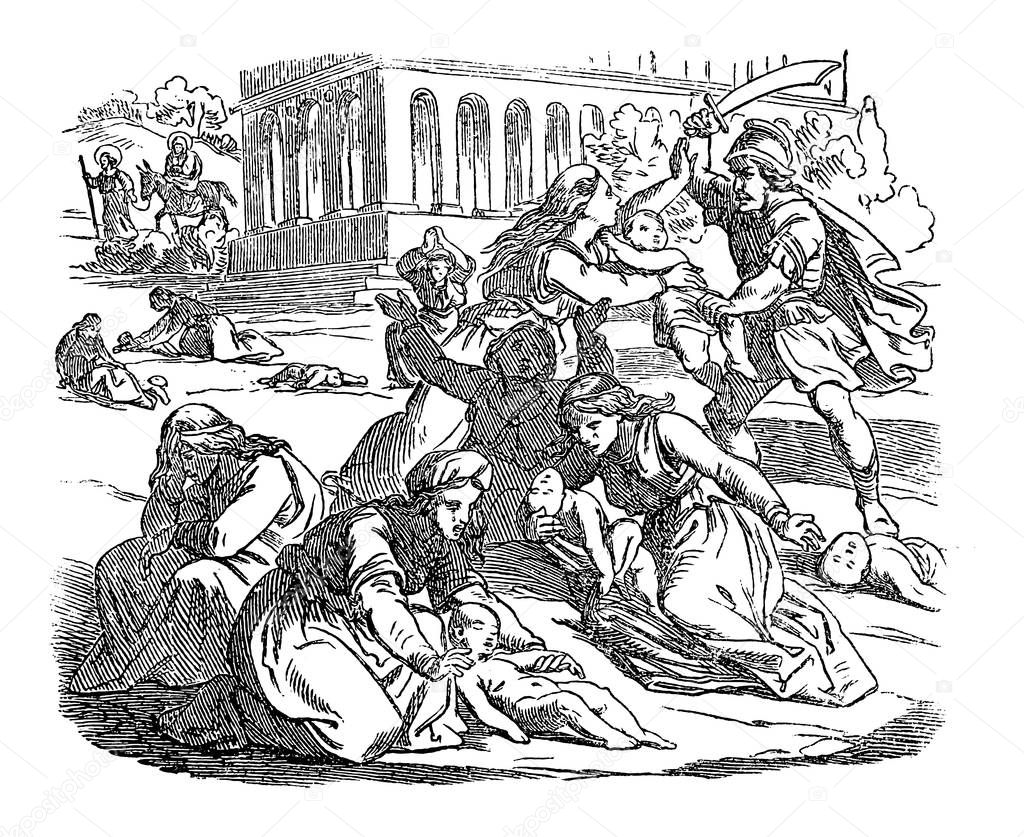 Vintage Drawing of Biblical Story of Massacre of Innocents. Soldiers Killing Babies or Infants, Mothers are Crying.Bible, New Testament, Matthew 2
