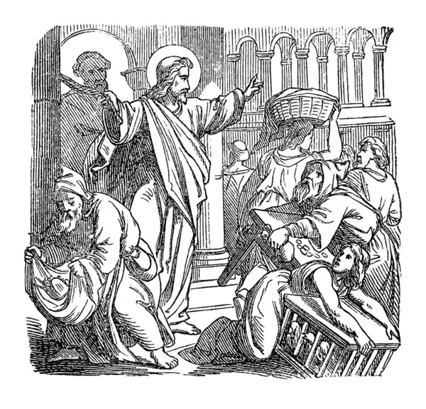 Vintage Teckning av den bibliska berättelsen om hur Jesus rensade Jerusalems tempel från köpmän och säljare.Bibeln, Nya testamentet, Joh 2 — Stock vektor