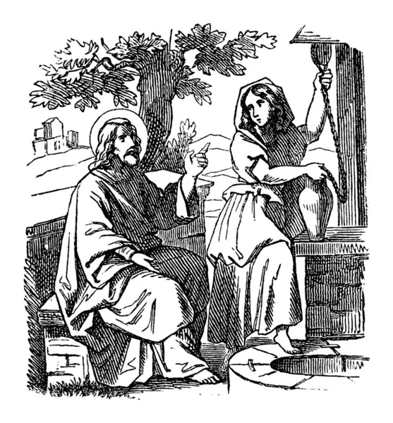 Vintage Drawing of Biblical Story of Jesus Talks with Samaritan Woman near Well.Bible, New Testament, John 4 — 스톡 벡터