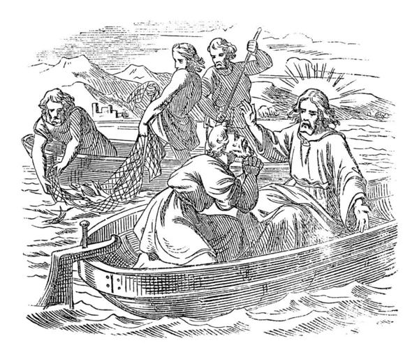 İncil 'de İsa' nın Hikayesi 'nin Klasik Çizimi ve Mucizevi Balık Tutma. Calilee Denizi' nde Balıkçılık. İncil, Yeni Ahit, John 21. — Stok Vektör