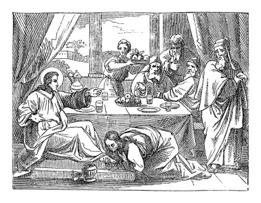Vintage Drawing of Biblical Story of Sinful Woman Washing and Kissing Jesus Feet. Bible, New Testament, Luke 7 clipart