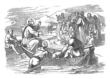 Vintage Drawing of Biblical Story of Jesus Teaching Crowd by the Lake.Parable of the Sower. Bible, New Testament,Matthew 13, Mark 4, Luke 8 clipart
