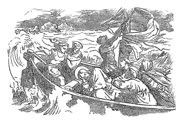 Vintage Drawing of Biblical Story of Sleeping Jesus Woke up and Calms the Storm over the Lake.Bible, New Testament, Luke 8 — 스톡 벡터