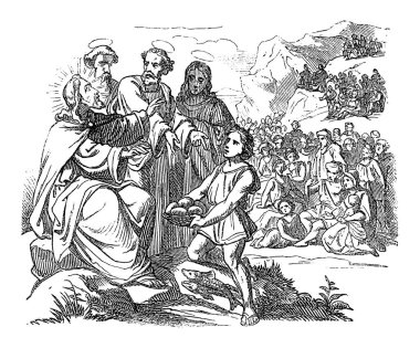 Vintage Drawing of Biblical Story of How Jesus Feeds the Five Thousand by Five Loaves and Two Fish.Bible, New Testament, Luke 9,John 6,Matthew 14,Mark 6