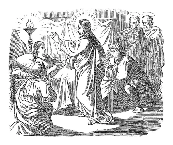 Vintage Drawing of Biblical Story of Jesus Raised Dead Girl and Healed Sick Woman.Bible, New Testament, Mark 5 — 스톡 벡터