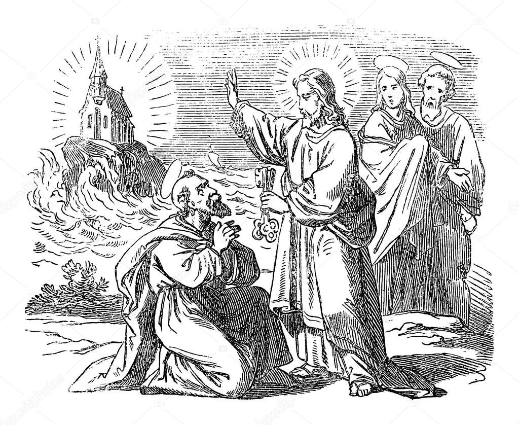 Vintage Drawing of Biblical Story of Peter Declares that Jesus is the Messiah. Jesus Is Giving the Keys of Kingdom of Heaven to Saint Peter.Bible, New Testament, Matthew 16
