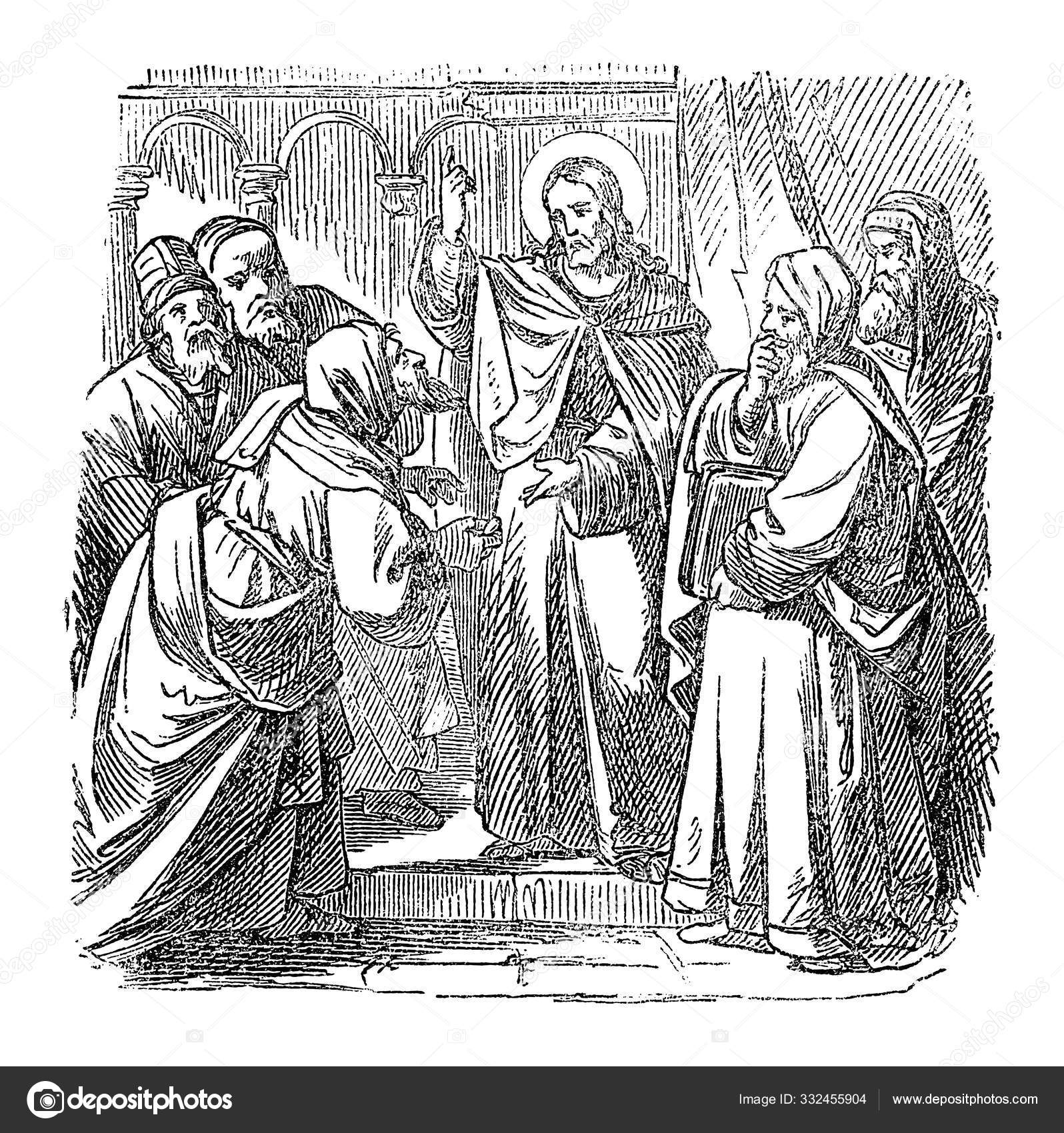 Vintage Drawing Of Biblical Story Of Jesus Talking With Priests And Teachers In Temple In Jerusalem About His Authority Bible New Testament Luke Stock Vector Image By C Ursus Zdeneksasek Com