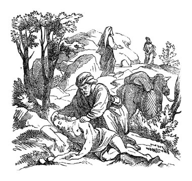 Vintage Drawing of Biblical Story of Jesus and the Parable of Good Samaritan.Bible, New Testament, Luke 10 clipart