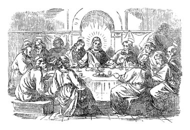 İsa 'nın Klasik Çizimi ve 12 Havari ve Son Akşam Yemeği. İncil, Yeni Ahit, Matthew 26, Mark 14, Luke 22, John 13