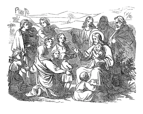 Disegno vintage della storia biblica di Gesù e dei piccoli bambini.Bibbia, Nuovo Testamento, Matteo 19 — Vettoriale Stock