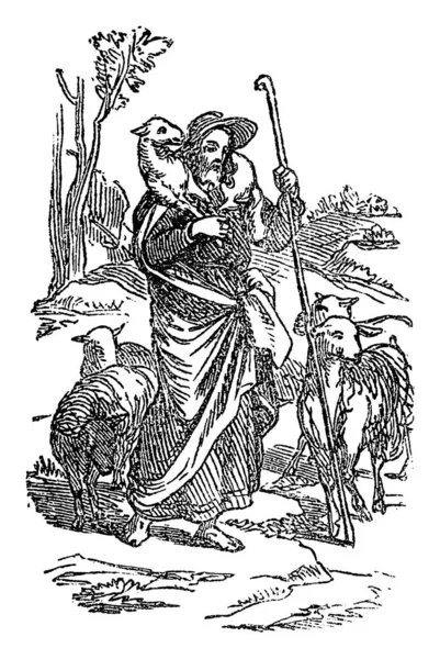 Vintage Drawing of Biblical Story of Jesus as Good Shepherd Who Cares about His Sheep. Man Holding Sheep.Bible, New Testament, John 10 — ストックベクタ