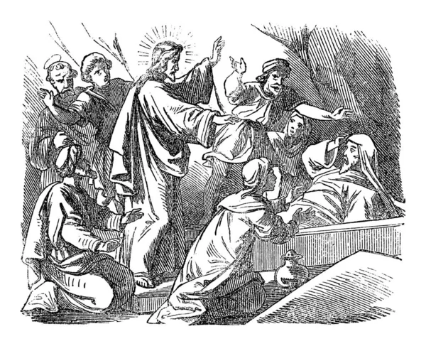 Vintage Drawing of Biblical Story of Jesus Raises Lazarus From the Death (en inglés). La Biblia, Nuevo Testamento, Juan 11 — Archivo Imágenes Vectoriales