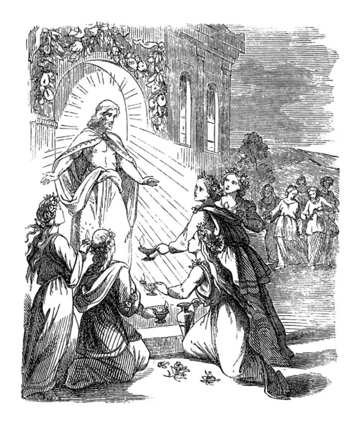 Desenho Vintage da História Bíblica de Jesus e da Parábola das Dez Virgens com Lâmpadas. Cinco Sábios Com Óleo, Cinco Viúva Insensata. Bíblia, Novo Testamento, Mateus 25 —  Vetores de Stock