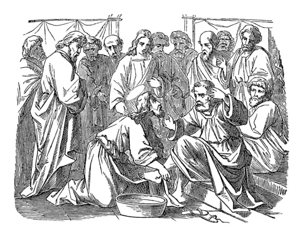 Vintage Drawing of Biblical Story of Jesus Washes His Disciples Feet.Bible, New Testament, John 13 — 스톡 벡터