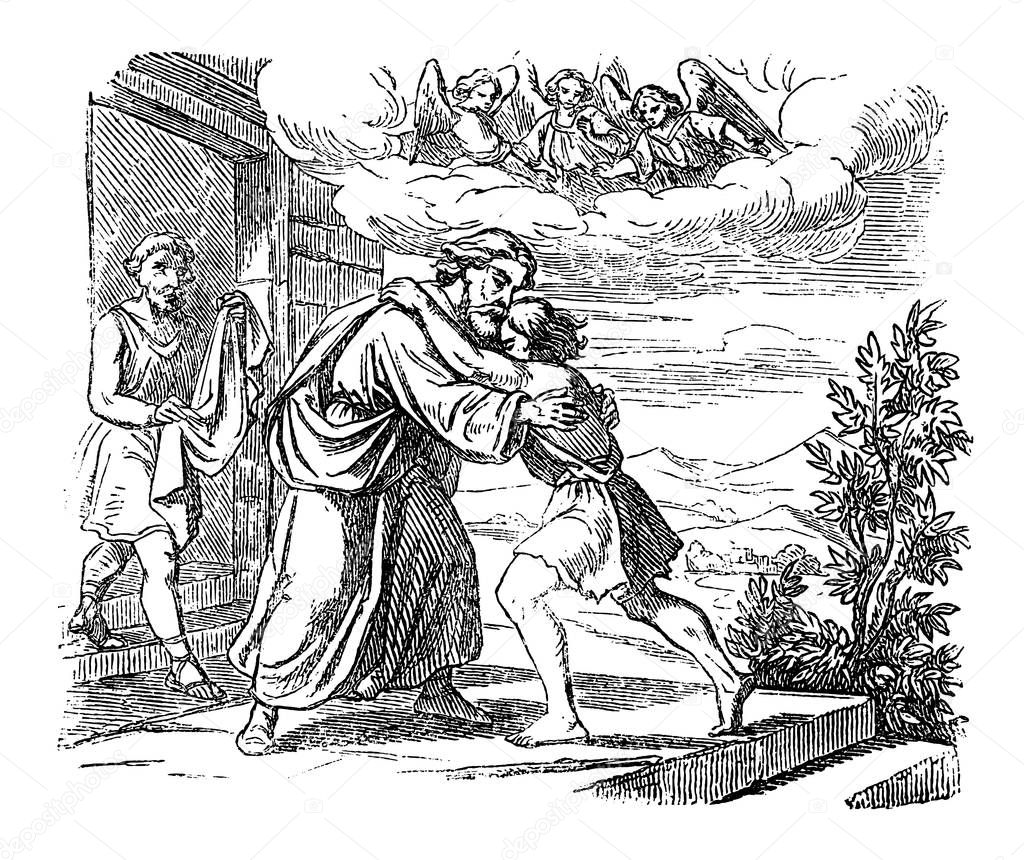 Vintage Drawing of Biblical Story of Jesus and Parable of the Lost Son. Father is Welcoming His Son Back Home. Bible, New Testament, Luke 15