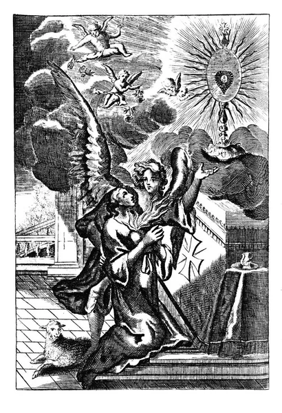 Zabytkowy antyczny rysunek religijny lub grawerowanie kobiety Modląc się na ołtarzu z aniołami wokół. — Zdjęcie stockowe