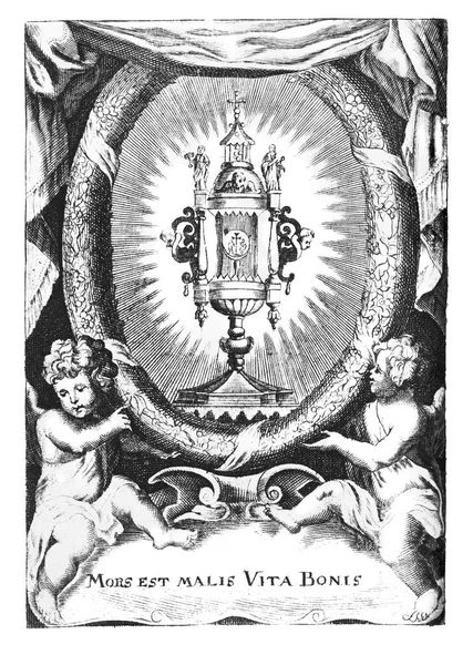 Vintage Antique Religious Drawing or Engraving of Two Cherubs or Angels Holding Wreath with Chalice.