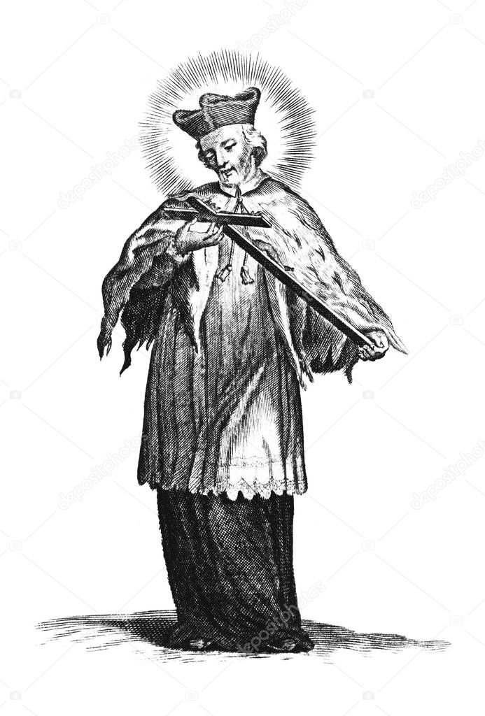 Vintage Antique Religious Drawing or Engraving of Holy Man in Priest Clothing Holding the Cross. Saint John of Nepomuk or Nepomucene.