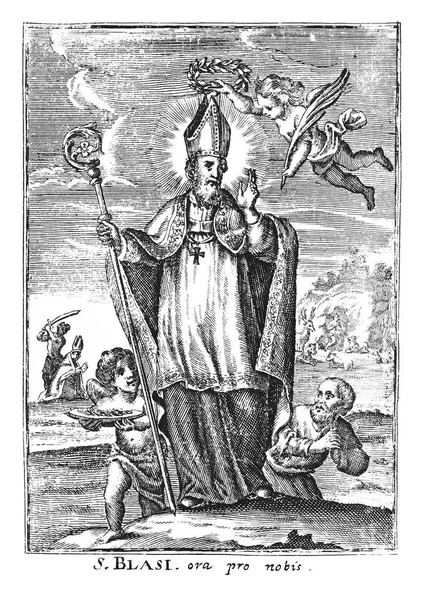 Vintage Antique Religious Allegorical Drawing or Engraving of Christian Holy Man Saint Blaise of Sebaste with Miter and Crosier Staff.