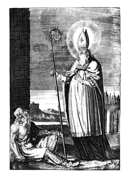 Vintage Antieke Religieuze Allegorische Tekening of gravure van de Christelijke Heilige Man Saint Stapin — Stockfoto