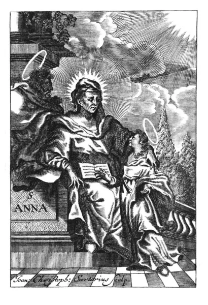 Vintage Antik Religiös Allegorisk Ritning eller gravyr av Christian Holy Woman Saint Anna — Stockfoto