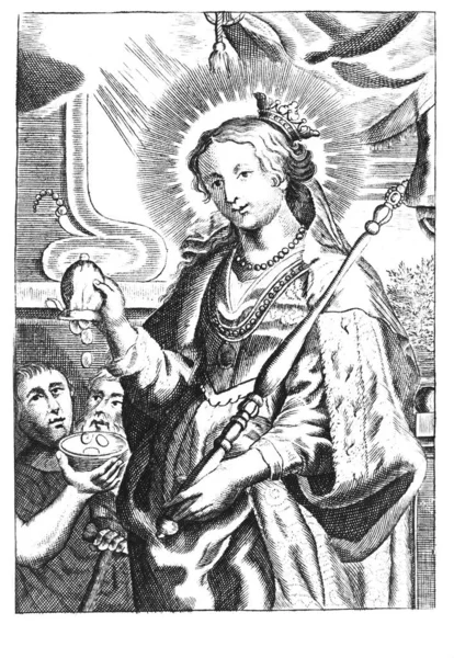 Vintage Antik Religiös Allegorisk Ritning eller gravyr av Christian Holy Woman Saint Elizabeth Ge pengar till fattiga människor. — Stockfoto
