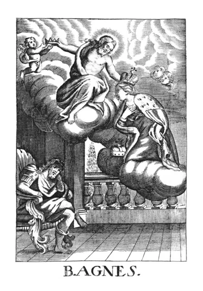 Antike religiöse allegorische Zeichnung oder Kupferstich der Heiligen Christin Agnes von Böhmen. — Stockfoto