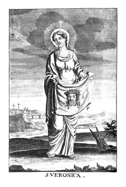 Vintage Antique Religious Allegorical Drawing or Engraving of Christian Holy Woman Saint Veronica or Berenike With Image of Jesus on Cloth.
