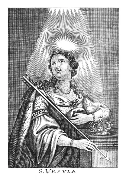 Vintage Antik Religiös Allegorisk Ritning eller gravyr av Christian Holy Woman Saint Ursula — Stockfoto