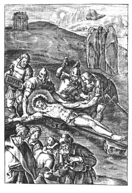 Vintage Antique Religious Allegorical Drawing or Engraving of Christian Jesus Crucified or Nailed to Wooden Cross by Roman Soldiers. clipart
