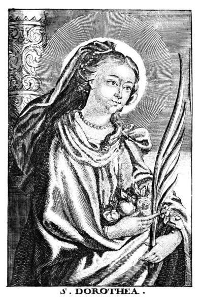 Винтажный античный религиозный аллегорический рисунок или гравировка христианской святой женщины Доротеи Кесарийской — стоковое фото