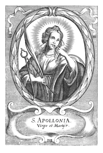 Vintage Antieke Religieuze Allegorische Tekening of gravure van de Heilige Christelijke Vrouw Sint Apollonia Holding Tangen en Tangen — Stockfoto